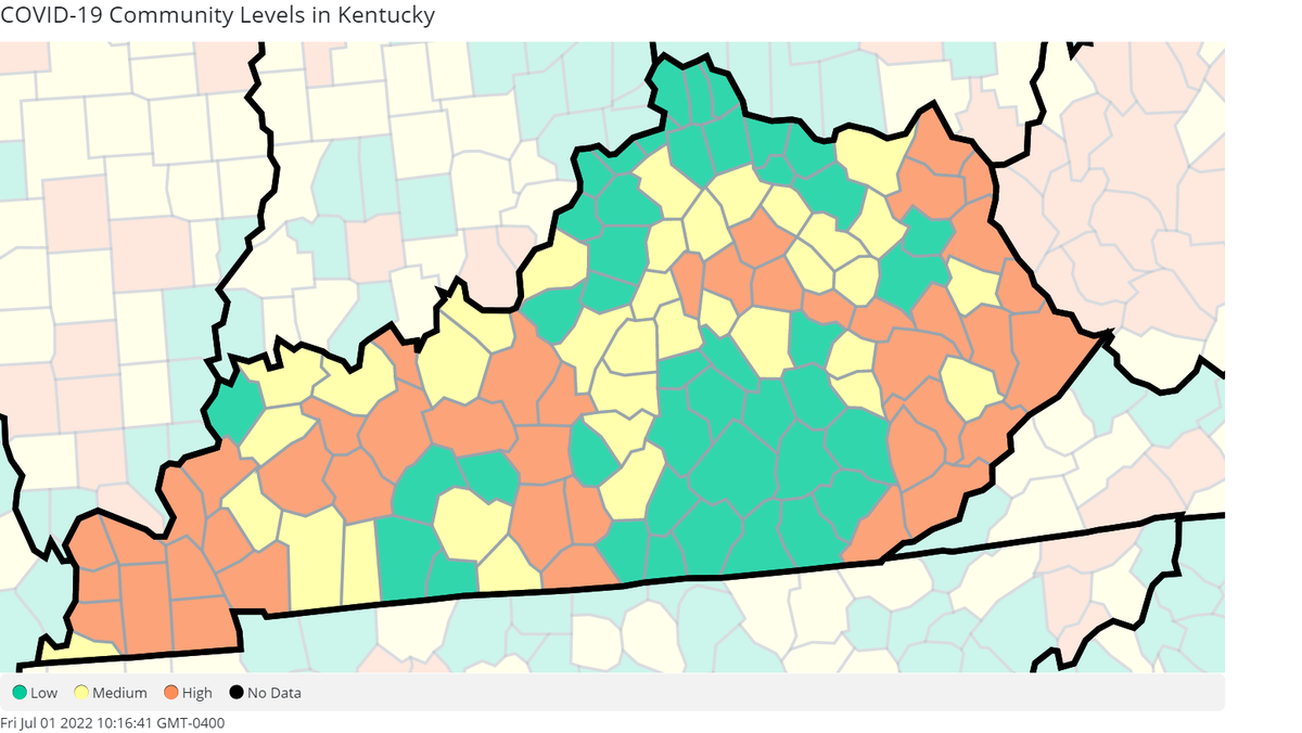 A map from the Centers for Disease Control and Prevent displaying the current Kentucky counties (as of June 30, 2022) with high community levels of COVID-19. The CDC defines this separately from community transmission, with community level assessing factors like local health care provider capacity. The following counties have high community levels of COVID-19 as of June 30, 2022: Ballard, Carlisle, Hickman, McCracken, Graves, Livingston, Marshall, Calloway, Crittenden, Lyon, Trigg, Hopkins, McLean, Muhlenberg, Ohio, Hancock, Grayson, Hardin, Larue, Hart, Barren, Metcalfe, Monroe, Woodford, Bourbon, Clark, Powell, Wolfe, Carter, Greenup, Boyd, Lawrence, Martin, Magoffin, Breathitt, Perry, Leslie, Harlan, Letcher, Bell, Floyd, and Pike Counties. 