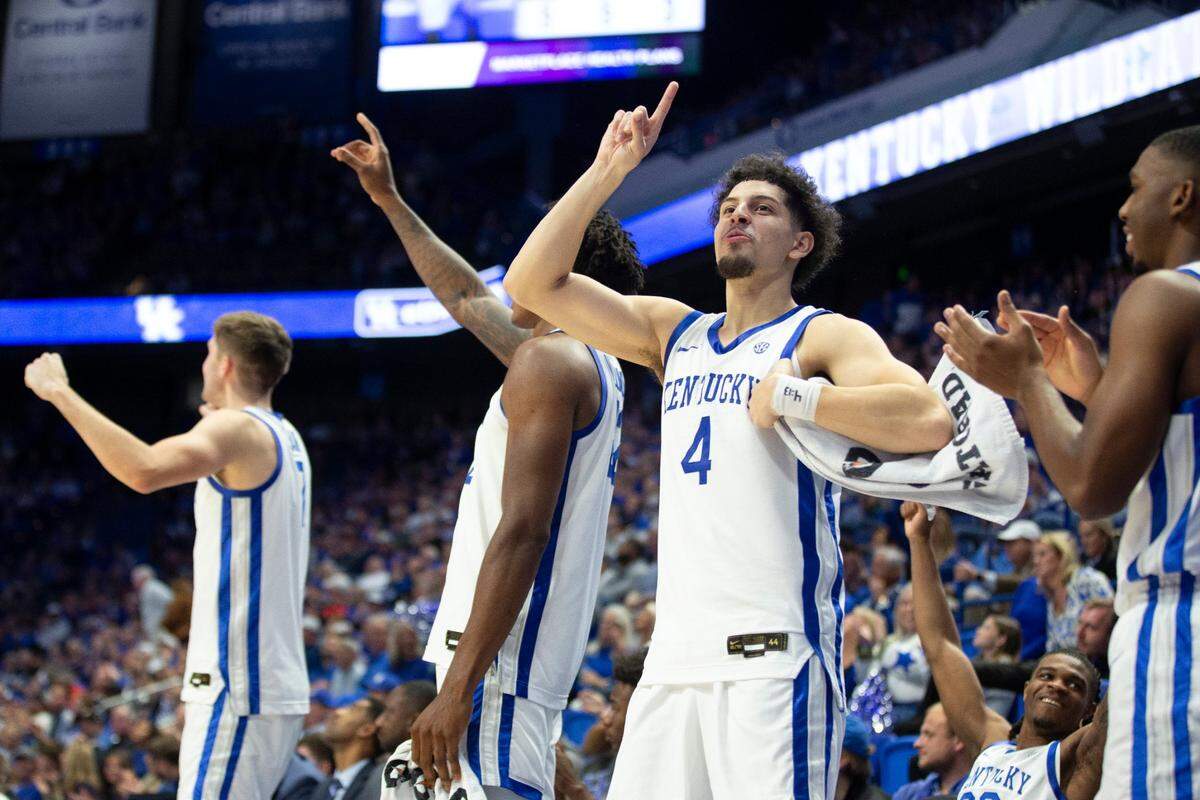 Kentucky guard Koby Brea (4) and the Wildcats bench celebrate after a basket against Bucknell at Rupp Arena on Saturday.