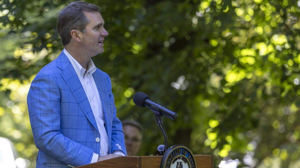 Kentucky Gov. Andy Beshear speaks during a press conference to launch the Kentucky Historic Dining Guide, a new resource celebrating Kentucky's rich culinary heritage and historic places.