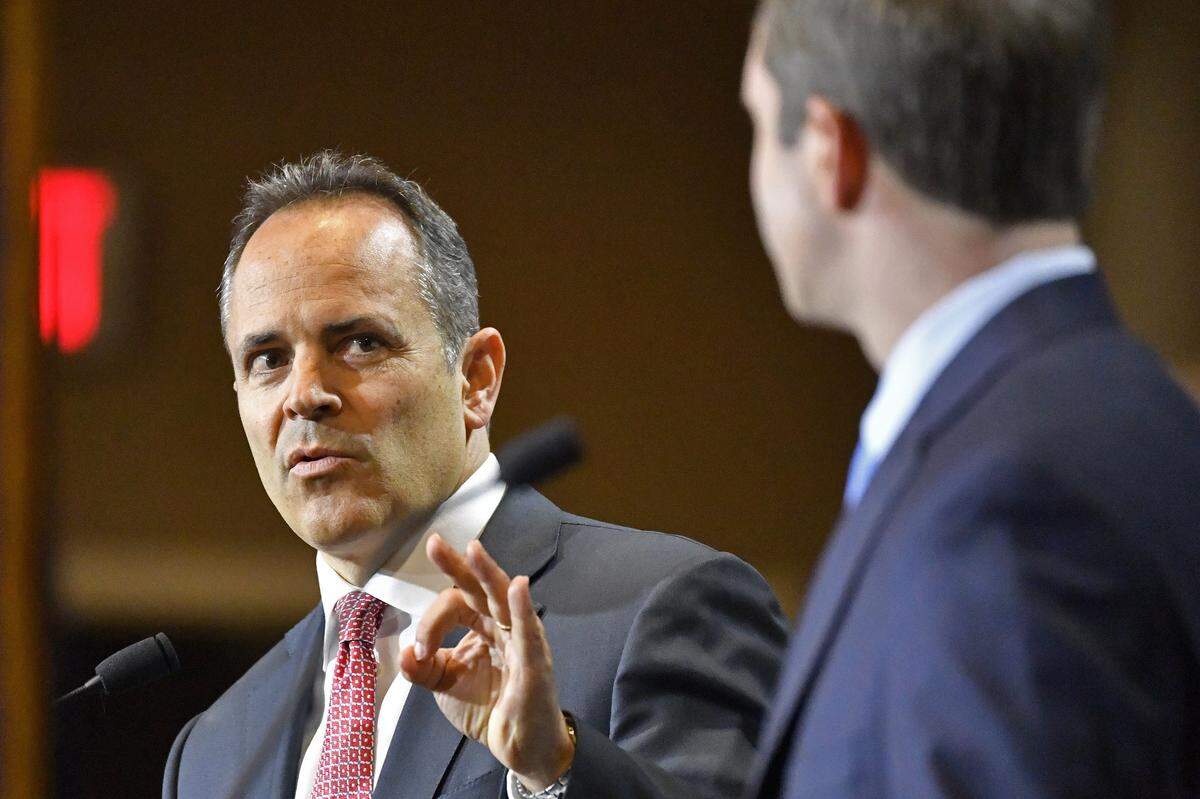 Kentucky Governor and Republican candidate for governor Matt Bevin reacts to a response from Attorney General and Democratic candidate Andy Beshear during a debate in Paducah, Ky., Thursday, Oct. 3, 2019.