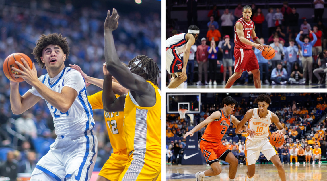 Malachi Moreno, left, Darius Acuff Jr., top right, and Nate Ament, bottom right, have been three of the top freshmen in SEC men’s basketball this season.