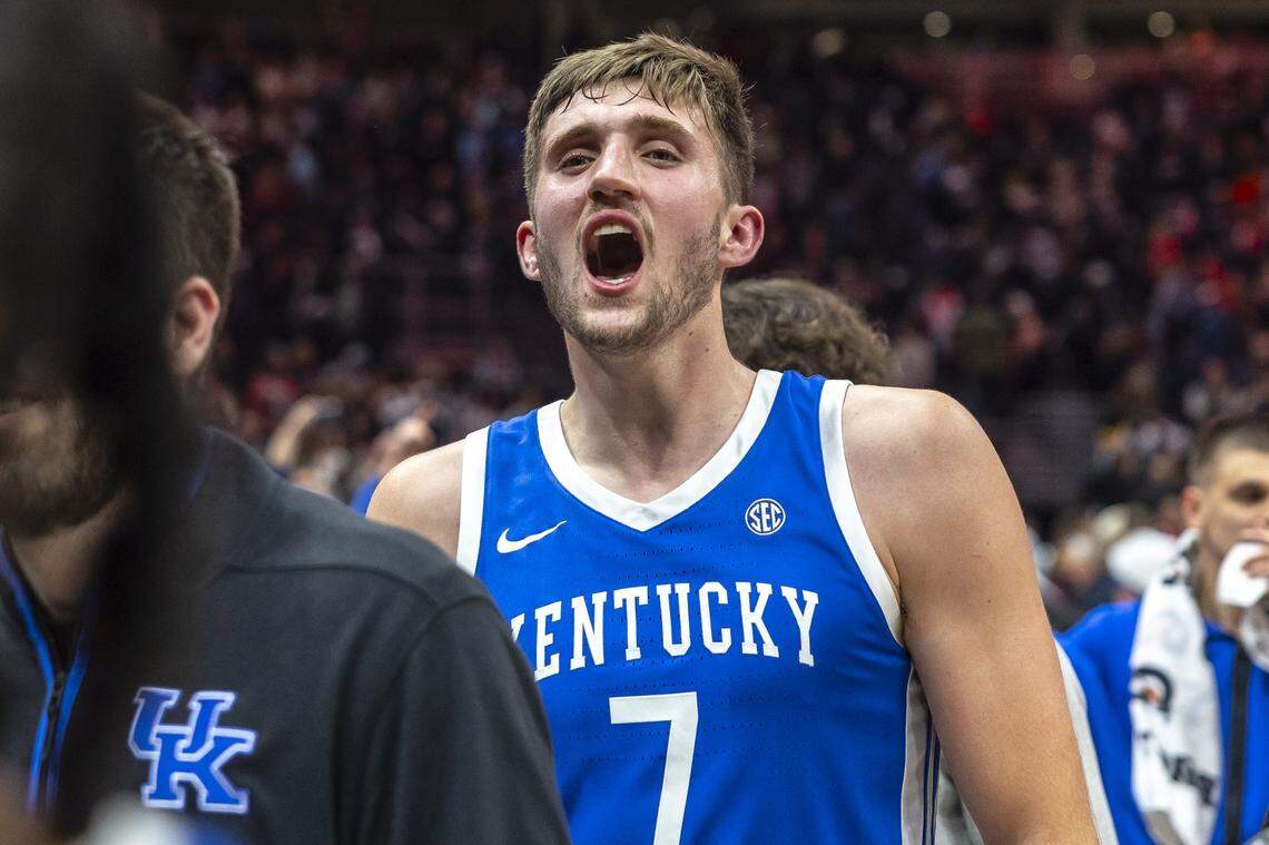 Kentucky power forward Andrew Carr celebrated after UK beat then-No. 7 Gonzaga 90-89 in overtime in the “Battle in Seattle” last Saturday night.
