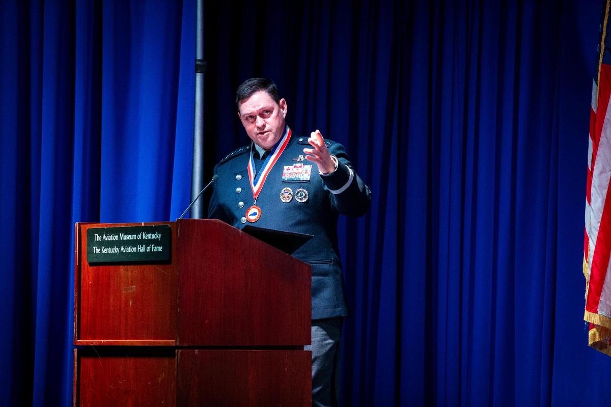 General B. Chance Saltzman, the Chief of Space Operations for the United States Space Force, speaks after being inducted into the Kentucky Aviation Hall of Fame at the Kentucky Aviation Museum in Lexington, Ky., on Saturday, Oct. 19, 2024.