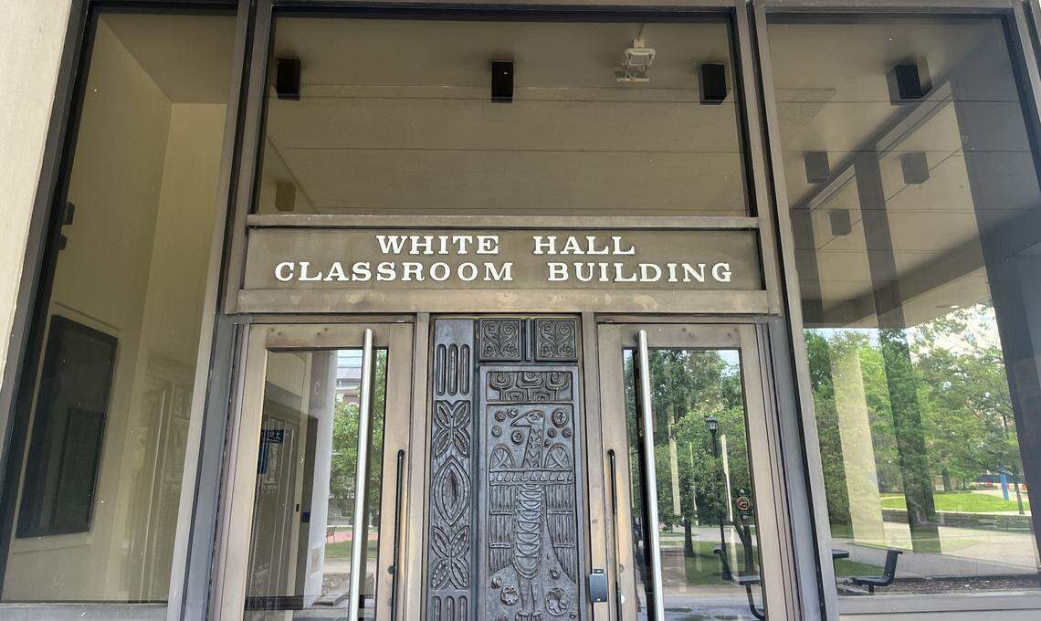 The main entrance to White Hall, which originally opened in 1969 at the University of Kentucky. The building will undergo major renovations beginning this summer, and re-open in 2026.