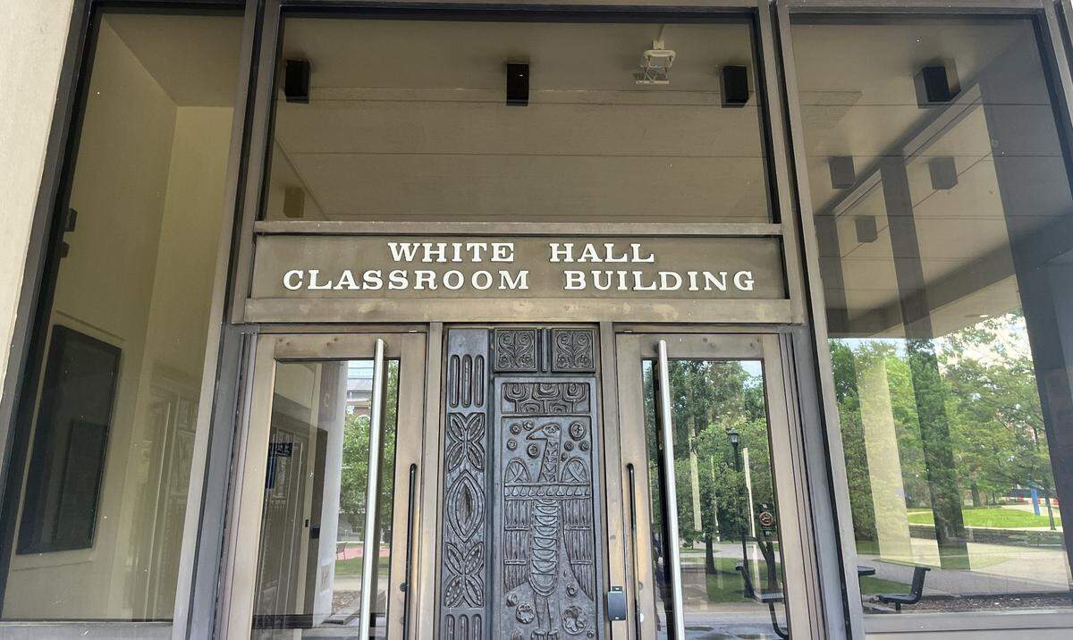 The main entrance to White Hall, which originally opened in 1969 at the University of Kentucky. The building will undergo major renovations beginning this summer, and re-open in 2026.