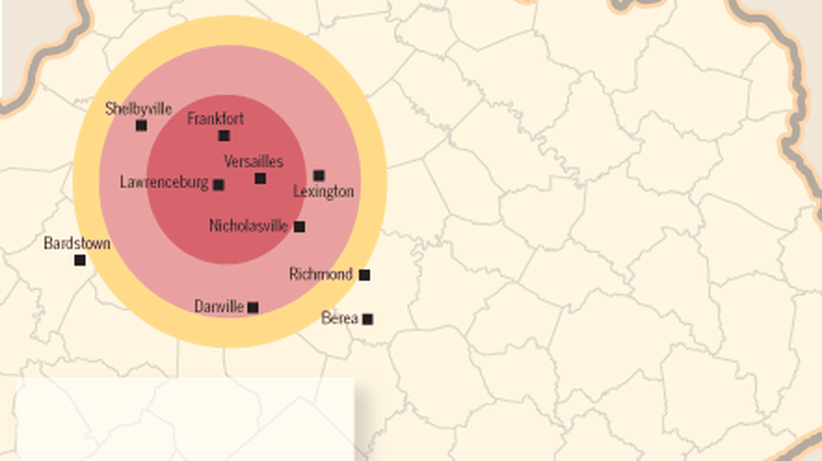 Radio signal strength: Yellow is fringe; Pink is distant; Red is local.