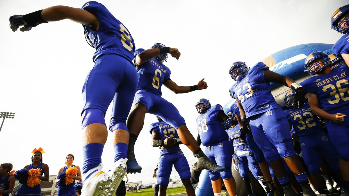 Henry Clay’s Nate Steiner (8) and Dorien Hardin (6) were pumped up for their game against Tates Creek last Friday. The Blue Devils will be tested this Friday by defending Class 5A state champion Covington Catholic.