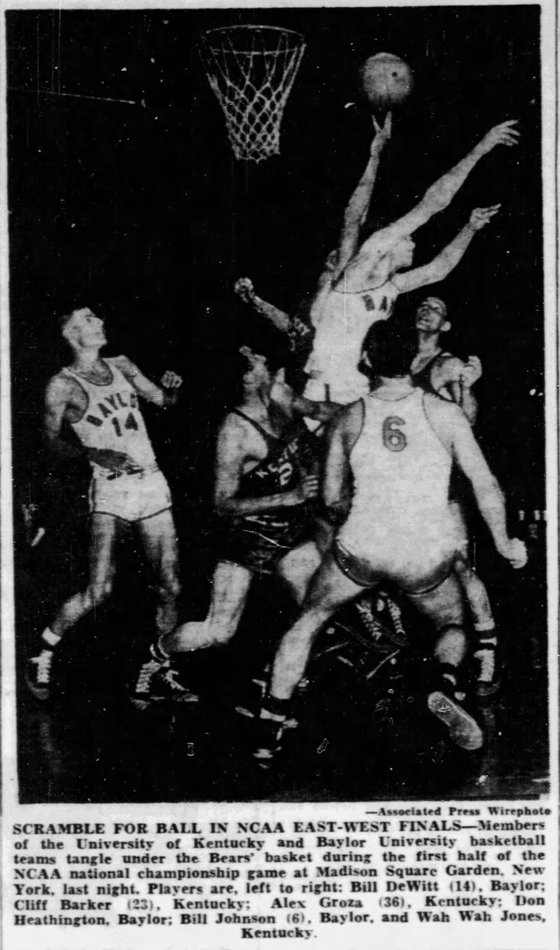 Associated Press wire photo of Kentucky playing Baylor in the 1948 NCAA Tournament.