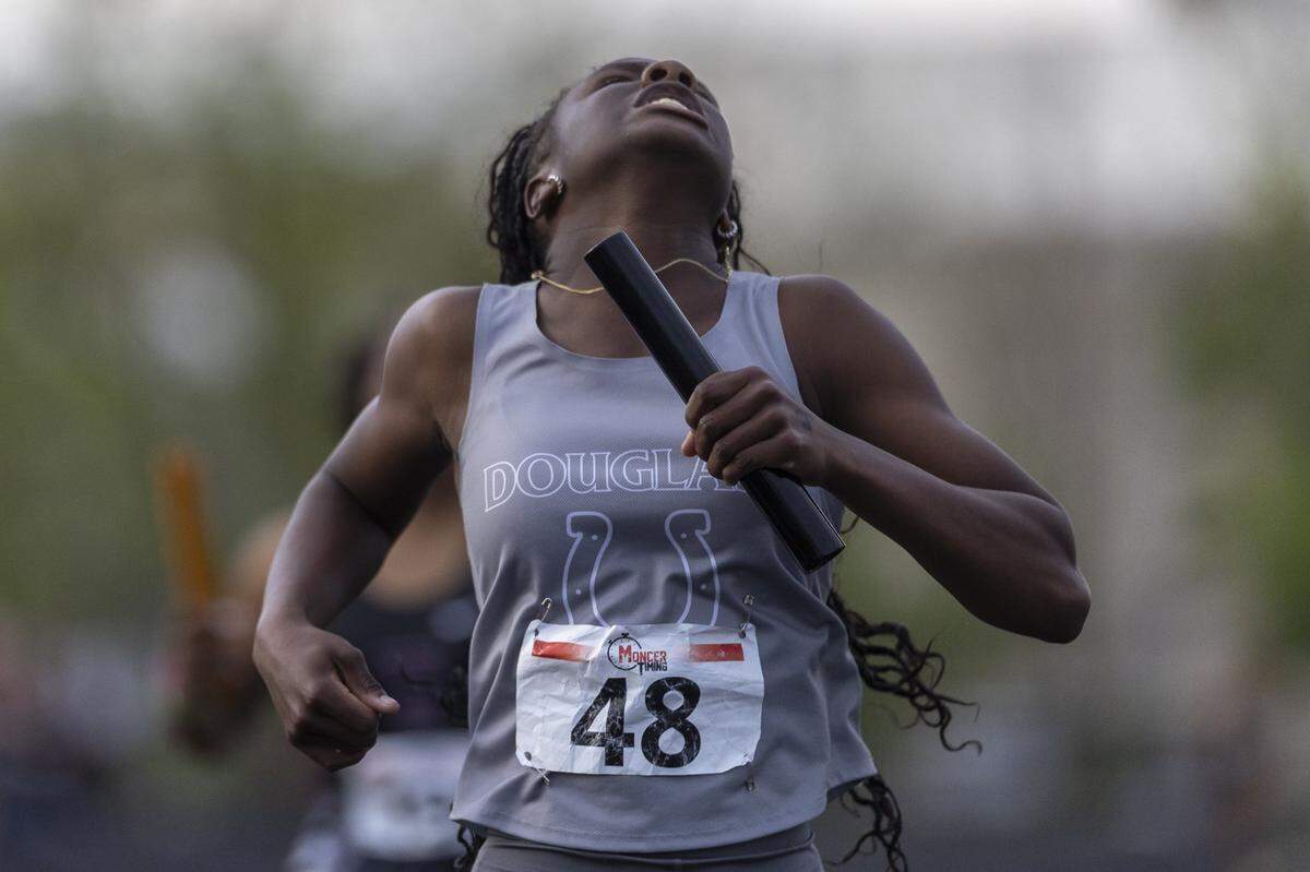 O'Naya Harris of Frederick Douglass competes in a relay during the Class 3A Region 6 track and field meet at George Rogers Clark High School in Winchester, Ky., on Friday, May 8, 2026.