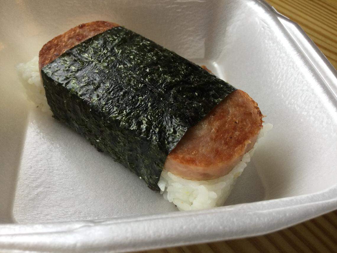 Spam Musubi at Big Kahuna is a Hawaiian dish of spam and sweet soy on sticky rice wrapped in seaweed.