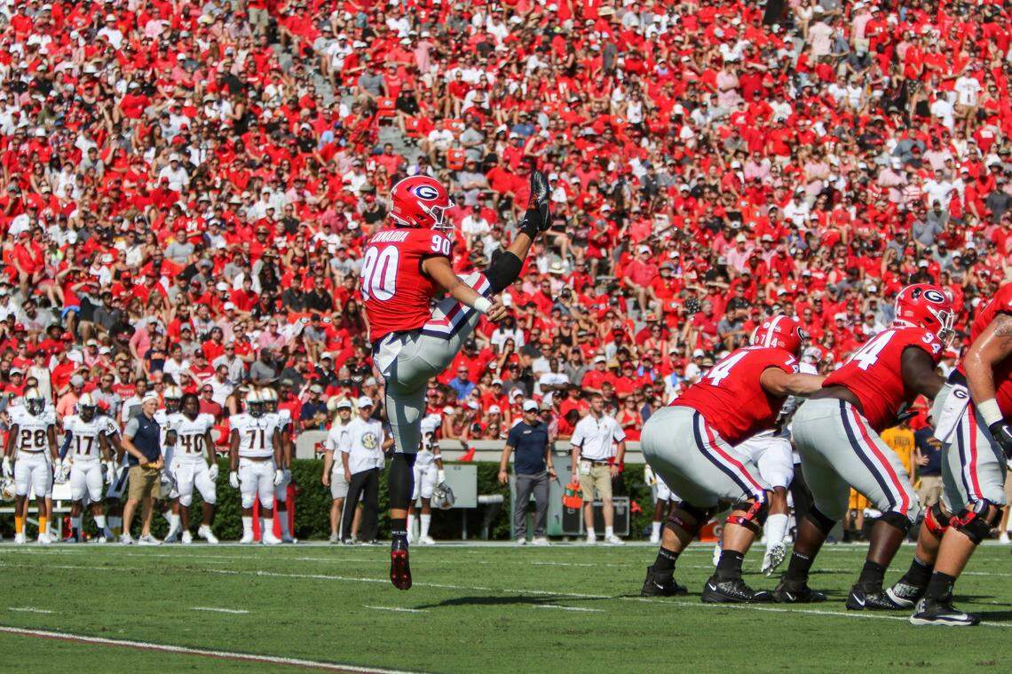 Georgia punter Jake Camarda (90) has punted 18 times for an average of 45.3 yards so far in 2021.