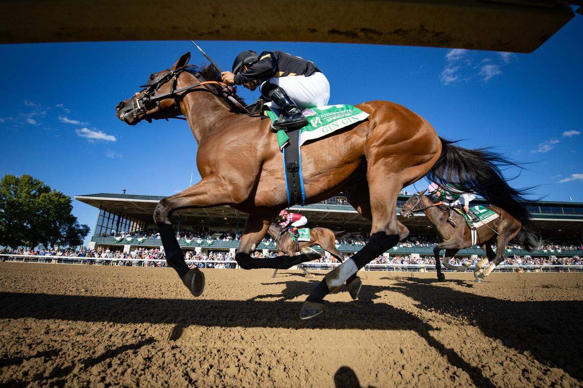 Gin Gin, with Luis Saez aboard, held off Nitrogen by a head to win the 70th running of the Grade 1, $650,000 Juddmonte Spinster on Sunday afternoon at Keeneland as reigning Horse of the Year Thorpedo Anna finished fourth.