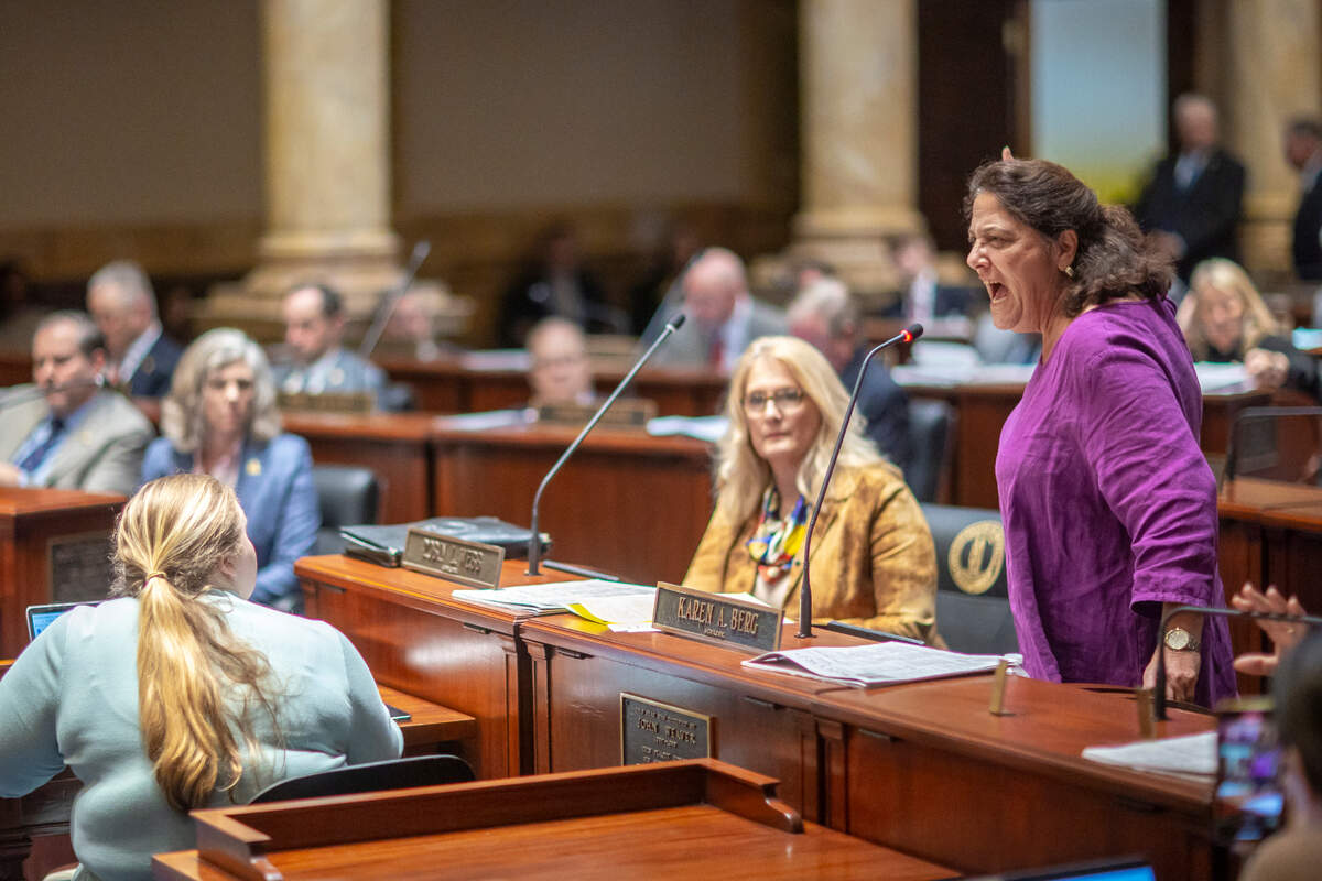 Kentucky Sen. Karen Berg, D-Louisville, speaks in opposition of SB 150 at the Kentucky state Capitol on Thursday, Feb. 16, 2023. The controversial Republican-backed bill passed earlier this year over Democratic Gov. Andy Beshear’s veto. It bans gender-affirming health care for transgender minors, restricts classroom teachings on gender and sexuality, prohibits districts and schools from asking teachers and staff to use a trans student’s pronouns, and mandates districts create policies that prevent trans students from using restrooms that align with their gender identity.