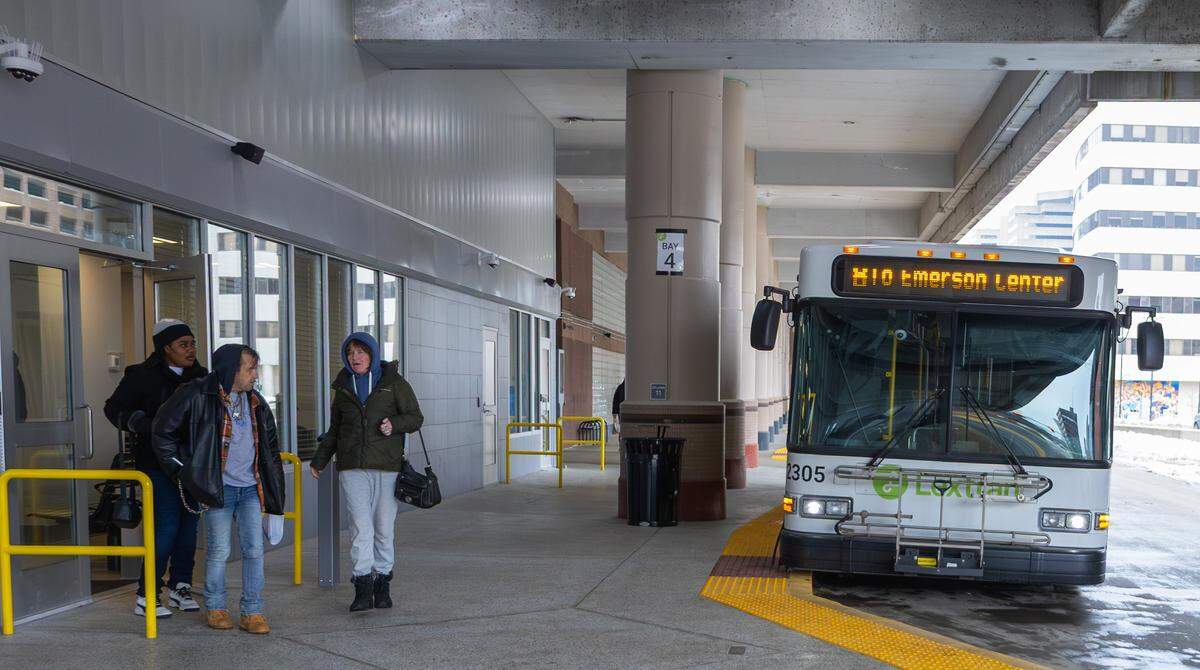 Customers exiting the interior waiting and service area, entering into the bus terminal at the newly renovated Transit Center in downtown Lexington, Ky, on Feb. 6, 2026.