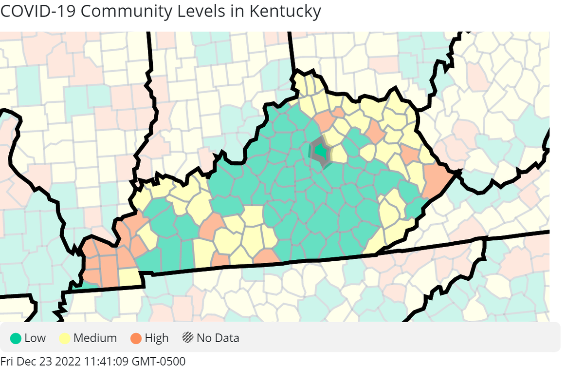 The latest map of Kentucky’s COVID-19 community levels from the U.S. Centers for Disease Control and Prevention. Current as of Dec. 22, 2022. 