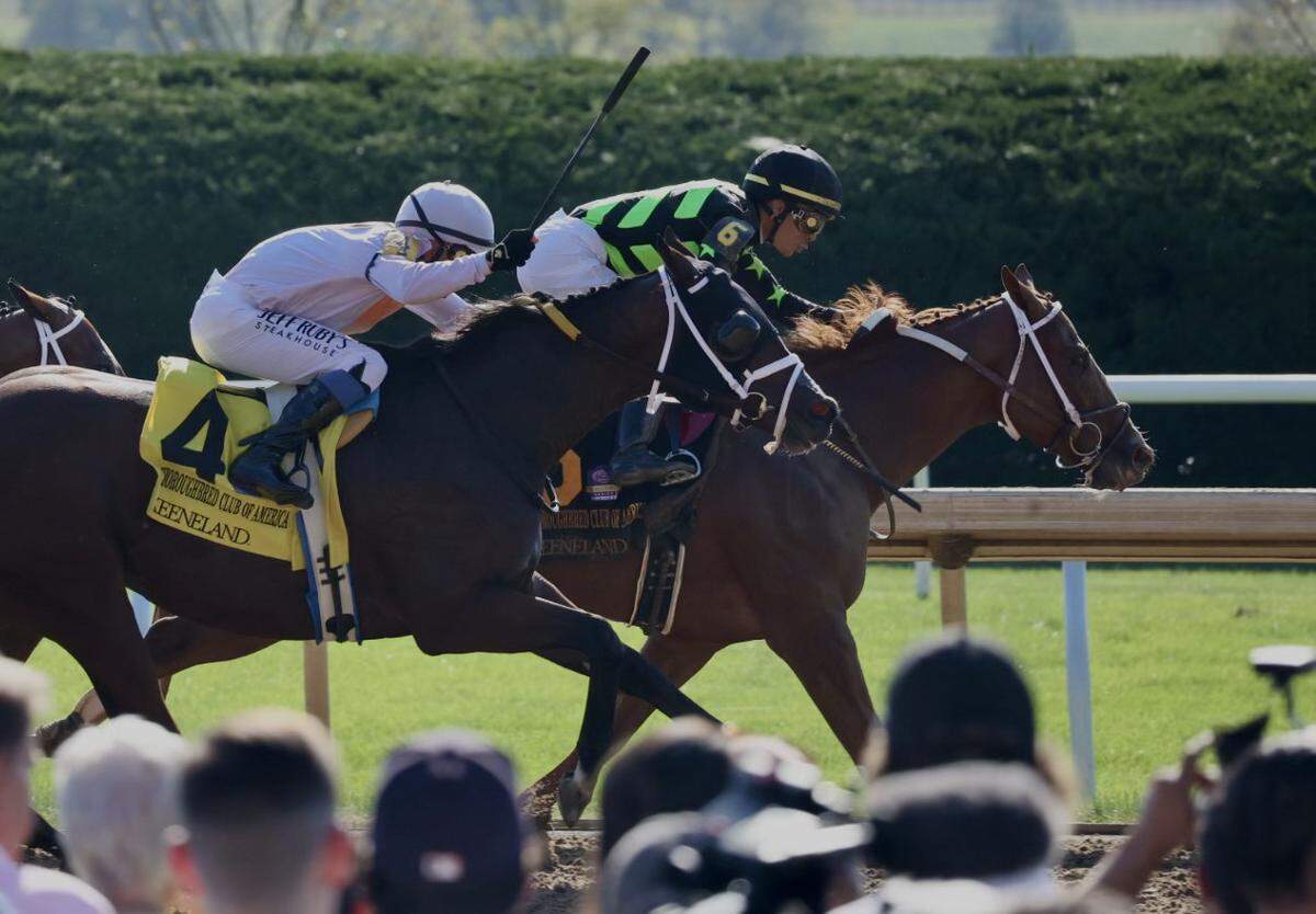 Zeitios, right, with Jose Ortiz up, beats out Spirit Wind, left, with Mike Smith up, to win the Grade 2, $350,000 Thoroughbred Club of America at Keeneland during the 2024 Fall Meet on Oct. 5, 2024, in Lexington, Ky. (Photo by James Crisp)