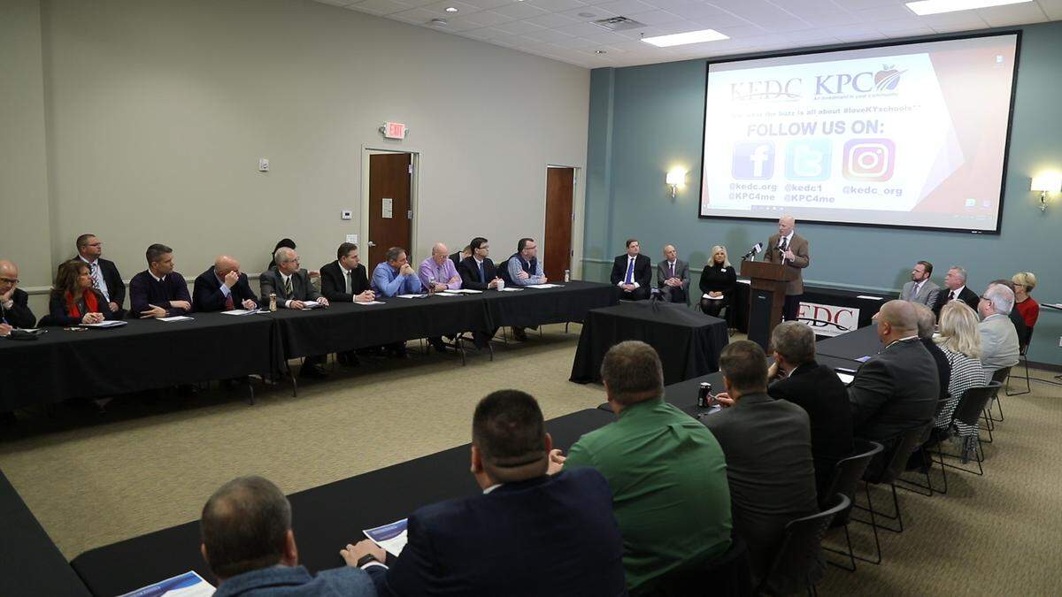 Superintendents from across Central Kentucky against hear from Woodford county superintendent Scott Hawkins for a press conference against House Bill 205 aiming to establish a scholarship tax credit program.