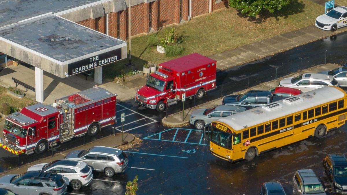 The Lexington Fire Department responds to the Learning Center in Lexington, Ky., on Wednesday, Sept. 27, 2023. A student had a medical emergency on a school bus, and was transported to the hospital, according to Fayette Public Schools.