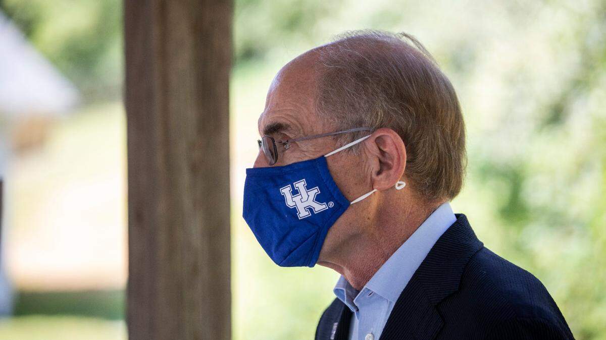 UK President Eli Capilouto waits to speak during a visit to the Freedom House to celebrate the Volunteers of America receiving a $2.6 million grant from SAMHSA to assist with recovery treatment for pregnant women and mothers in Manchester, Ky., Tuesday, August 18, 2020. The University of Kentucky is partnering with the Volunteers of America to study how effective the methods of the Volunteers of America are at combatting addition.