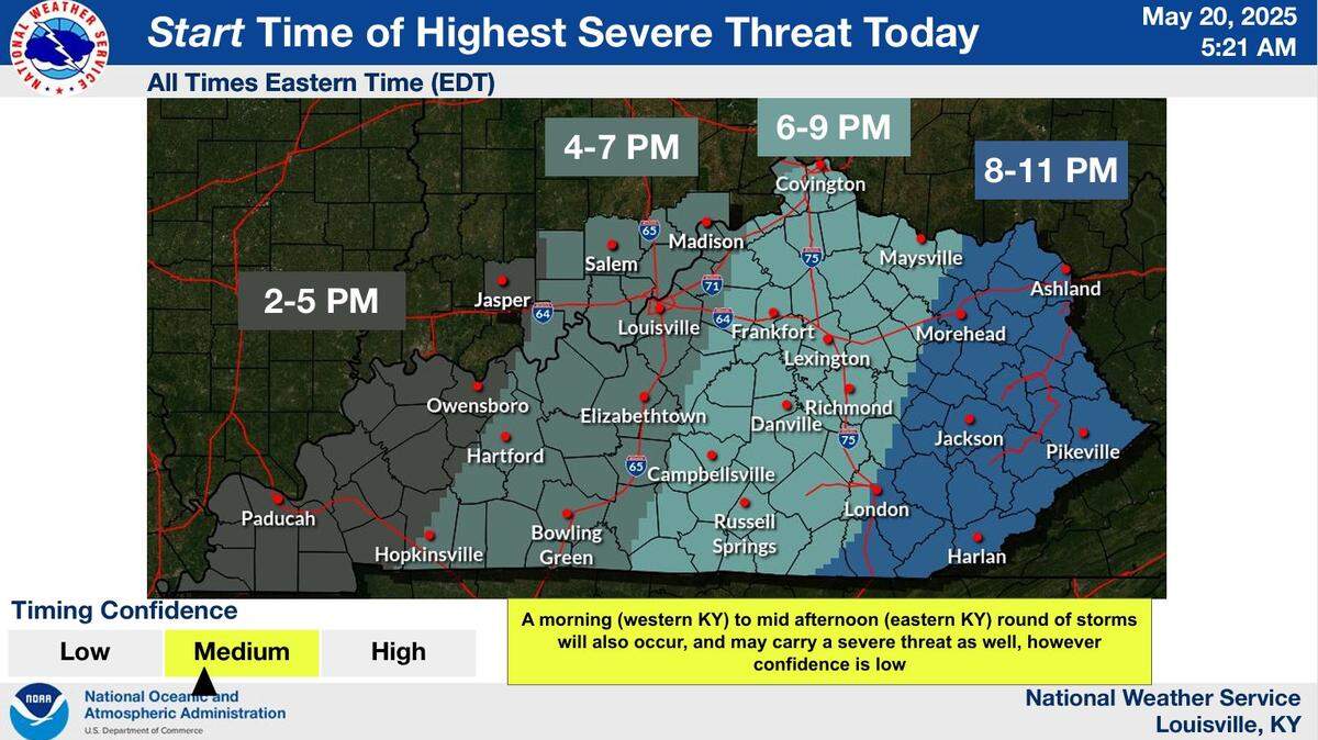 The weather service predicts two waves of storm systems will impact KY Tuesday. The second system is likely to have the most impact with severe storms.