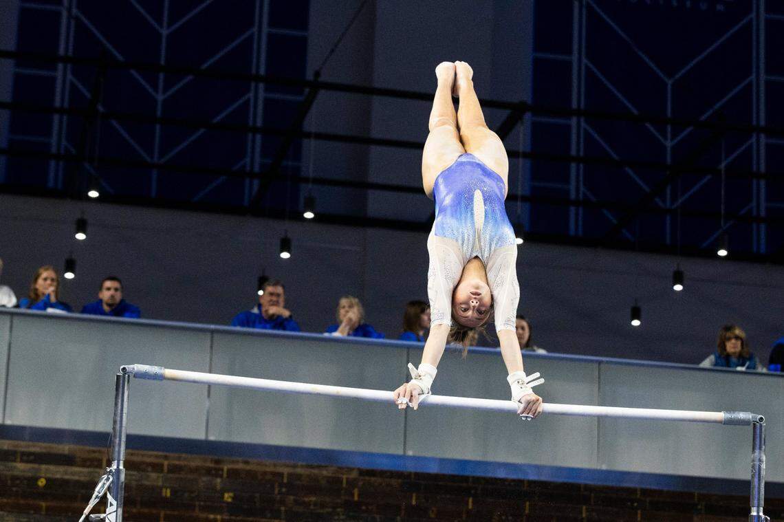 Kentucky’s Skylar Killough-Wilhelm, an All-America transfer from Washington, tied for first place on the uneven bars Friday night.