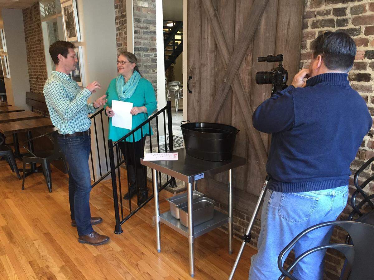 Me interviewing at Vinaigrette Salad Kitchen in downtown Lexington with Rich Copley for a LexGo Eat episode.