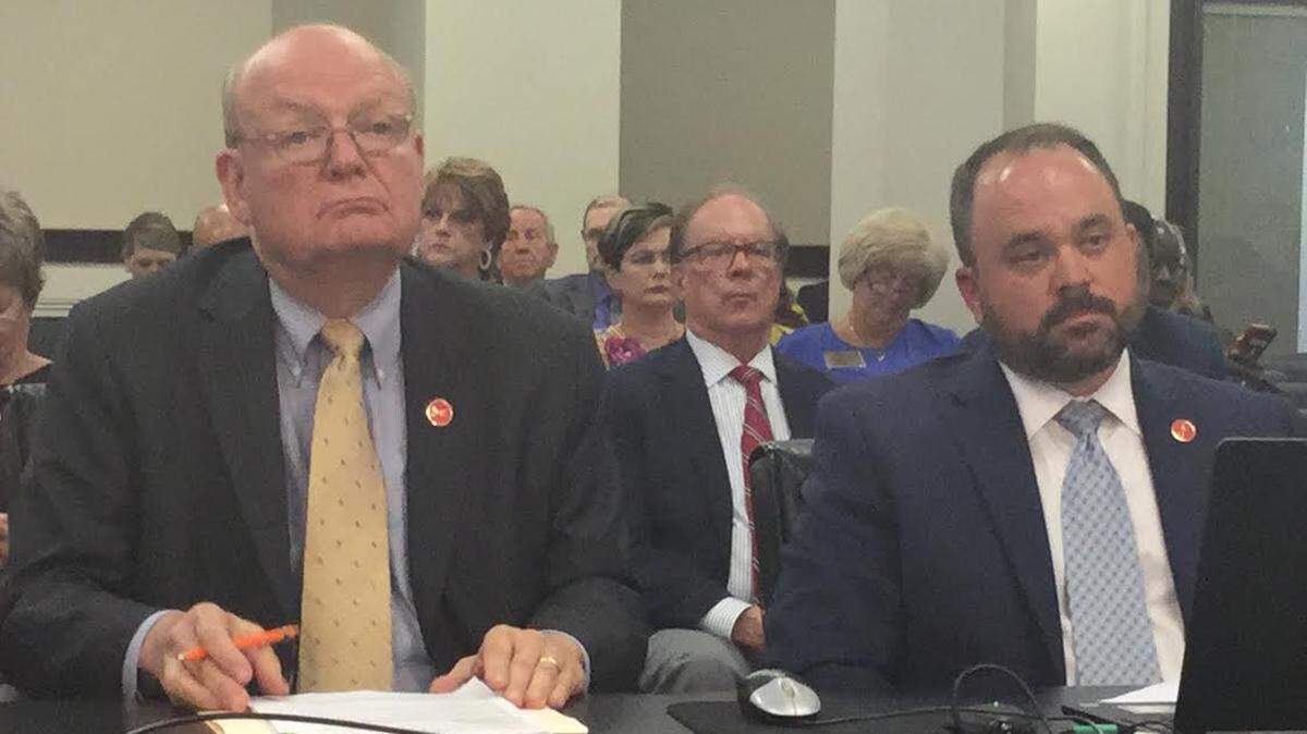Kentucky budget director John Chilton, left, and Bryan Sunderland, Gov. Matt Bevin’s legislative director and deputy chief of staff, presented Bevin’s pension-relief bill Monday, June 24, 2019, to members of the Public Pension Oversight Board.