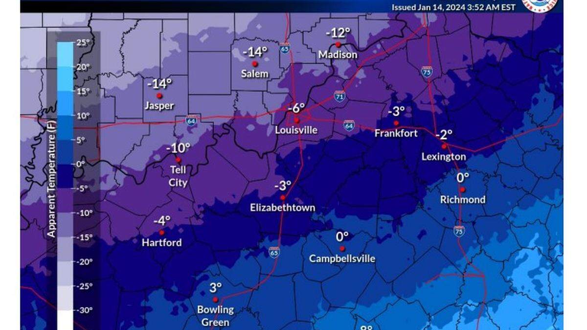 The coldest air of the season began on Sunday and is expected to last until Thursday, according to the Louisville National Weather Service.
