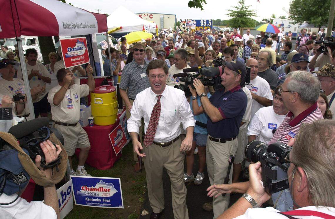 Ben Chandler, candidate for Gov. of Kentuky, works the crowd at the Fancy Farm picnic on Sat. afternoon. Today, August 2, 2003, marks the 123th meeting of politicians that gather at Fancy Farm, Kentucky to campaign for the up coming November elections. The event draws Kentuckians from all over the State, especially in election years.
