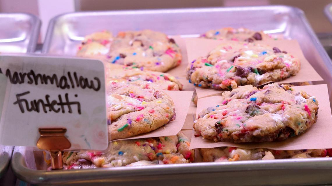 Marshmallow funfetti cookies in the display case at Olive’s Apron Bakery & Tea Shop, located at 223 Rosemont Garden, Thursday, Feb. 20, 2025 in Lexington, Ky.
