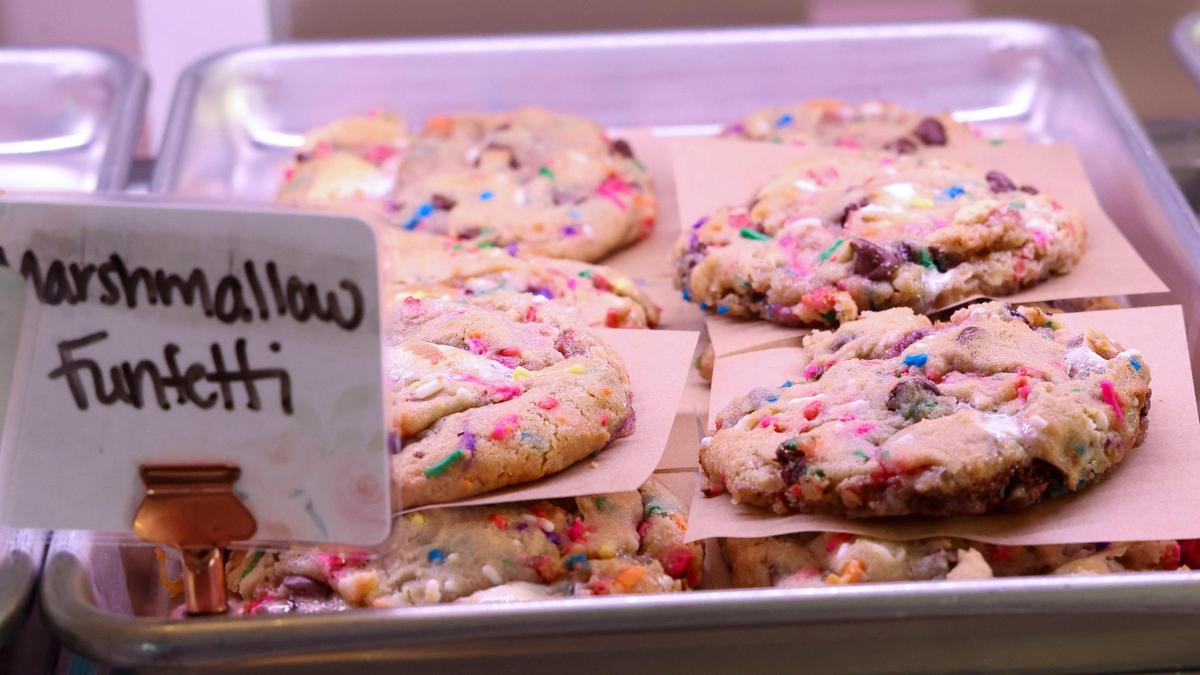 Other cookies are made using the chocolate chip base at Olive’s Apron Bakery, like these Marshmallow funfetti cookies.