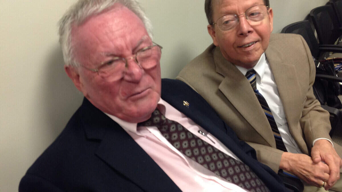 Luke Barlowe, left, and Jim Meade of Bardstown met 48 years ago and married in Iowa in 2009. They held hands publicly for the first time Friday June 26, 2015 in Louisville, Ky., and later kissed. Photo by Jack Brammer | Staff