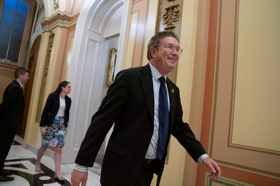 Rep. Thomas Massie, R-Ky., leaves the chamber after Rep. John Rose, R-Tenn., a freshman from Cookeville, Tenn., blocked a unanimous consent vote during a scheduled pro forma session of the House on a long-awaited $19 billion disaster aid bill in the chamber, Thursday, May 30, 2019. Massie and Rep. Chip Roy, R-Texas, have both blocked passage of the measure in the past week. (AP Photo/J. Scott Applewhite)