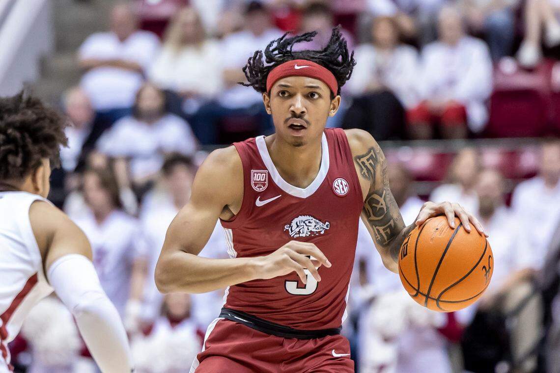 Over the past four games, lavishly hyped Arkansas freshman guard Nick Smith (3) is averaging 18 points. Smith sat out from Dec. 17 to Feb. 11 due to a knee injury.