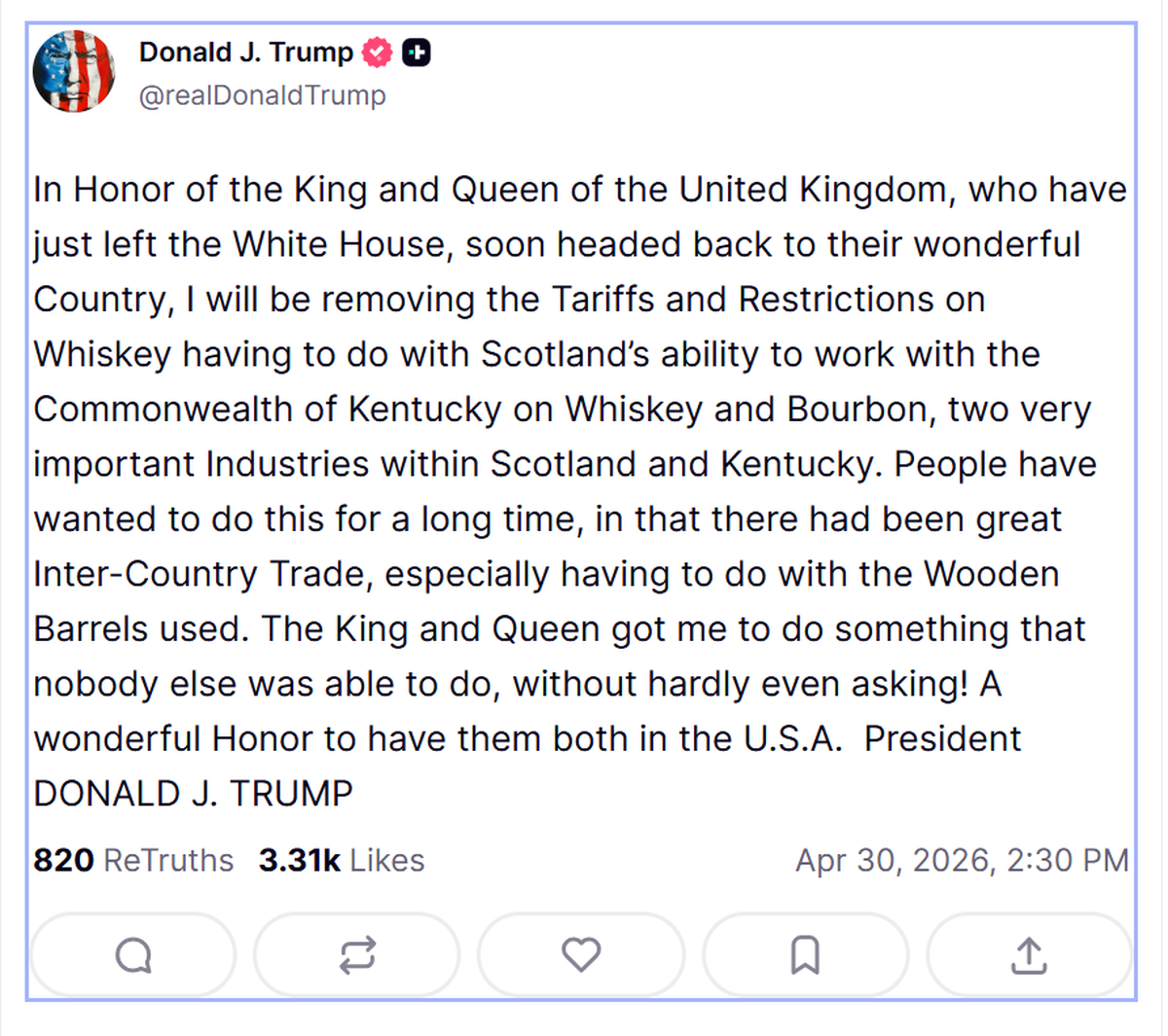 President Trump announced the tariffs news on Truth Social on April 30.