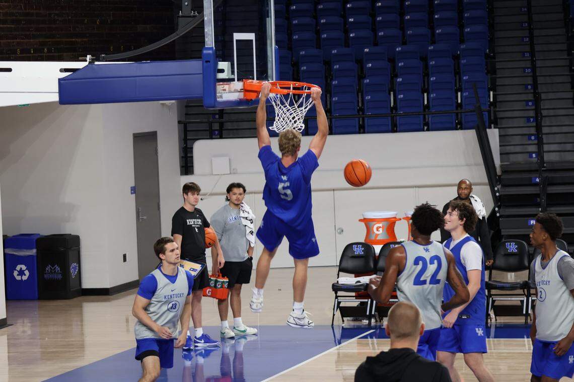 Freshman Collin Chandler (5) gets to the basket for a dunk during Monday night’s Pro Day in Memorial Coliseum.