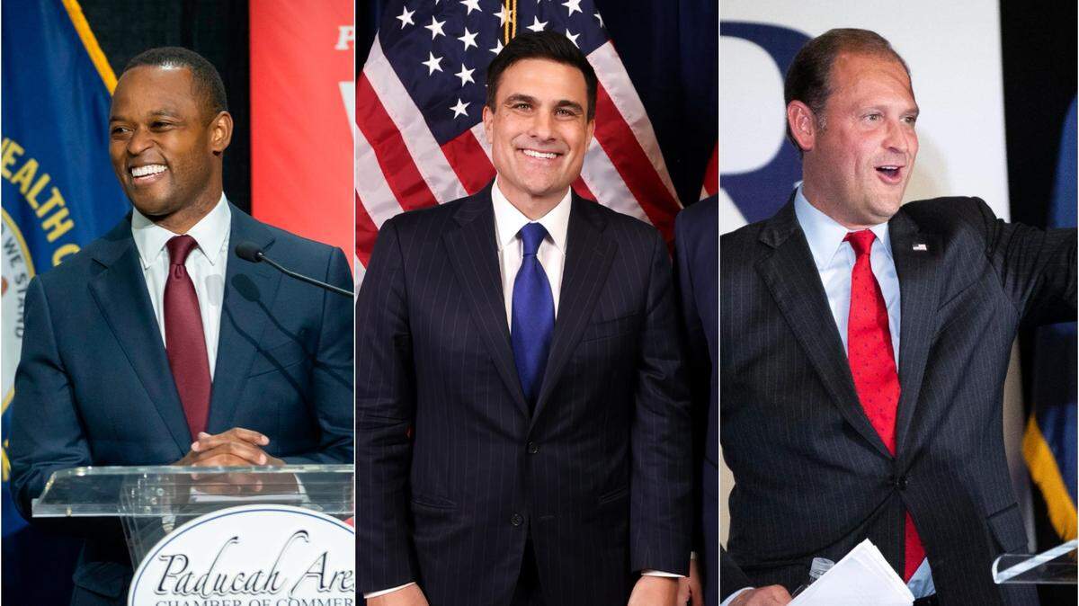 From left, former attorney general Daniel Cameron, Kentucky businessman Nate Morris and Sixth Congressional District Rep. Andy Barr.