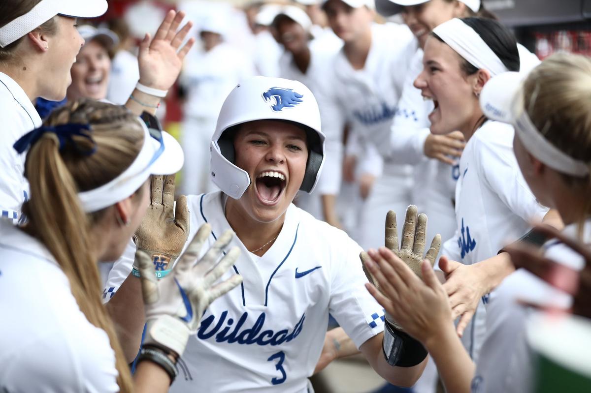 Kentucky freshman infielder Taylor Ebbs celebrates hitting a home run against Louisville on Tuesday night at Ulmer Stadium in Louisville. Ebbs now has five home runs for the 2022 season.