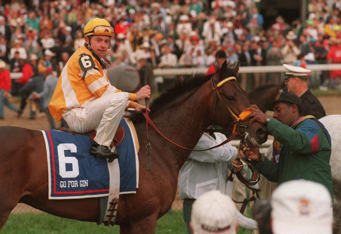 Go for Gin, with jockey Chris McCarron up in the winner's circle at Churchill Downs in Louisville after winning the 120th running of the Kentucky Derby on May 4, 1994.