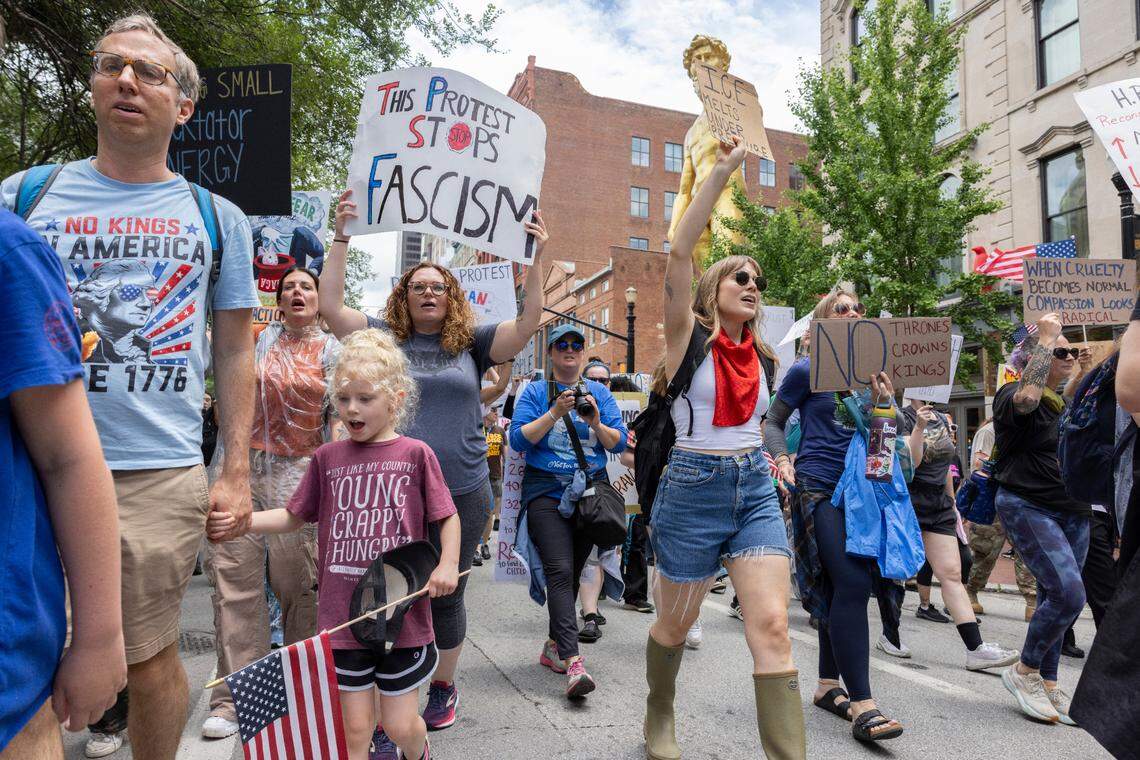 Thousands of demonstrators gathered during the ‘No Kings’ march and protest at Metro Hall in downtown Louisville, Kentucky, Saturday, June 14, 2025. ‘No Kings’ rallies organized across the United States in direct response to President Donald Trump’s military parade in Washington D.C.