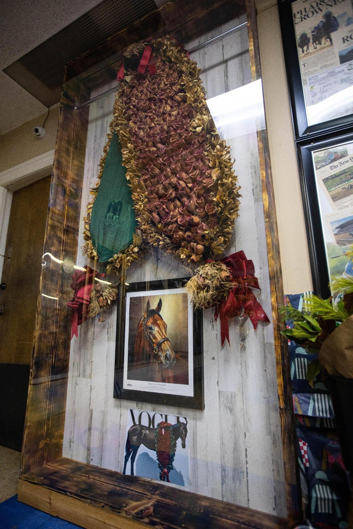 Triple Crown winner American Pharoah’s Kentucky Derby rose blanket on display within Silver Streak Market on Versailles Road. December 16, 2020.