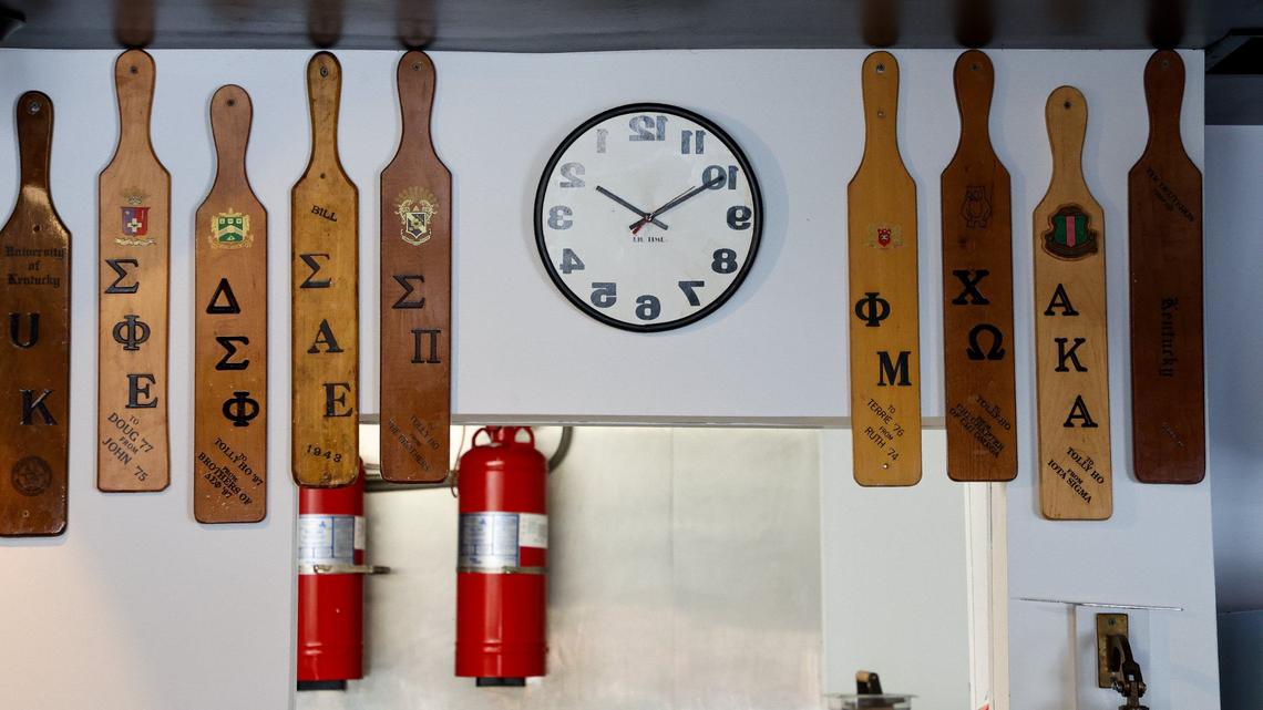 Fraternity paddles line the walls of the new Tolly-Ho location at 350 Foreman Ave. Sept. 3, 2024. in Lexington, Ky.