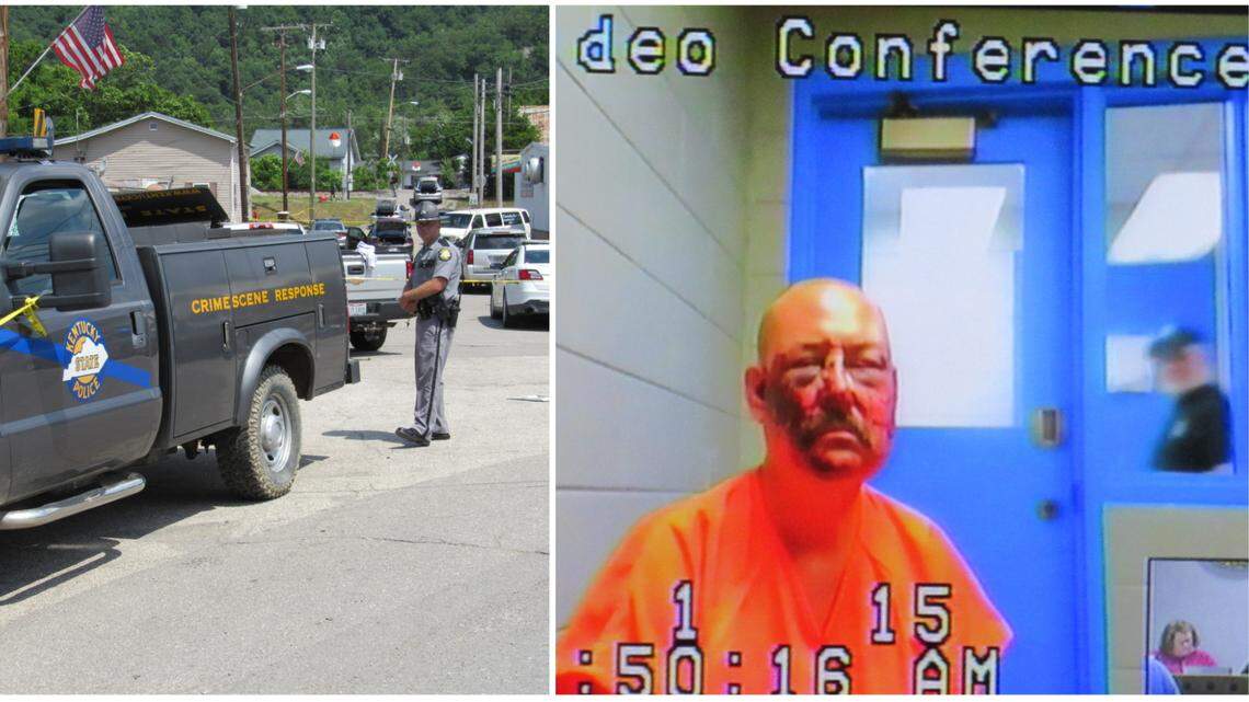 Left: Kentucky State Police investigate a shooting that left two officers dead and several others injured. Right: Lance Storz, the accused shooter, appears virtually for an arraignment in Floyd County.