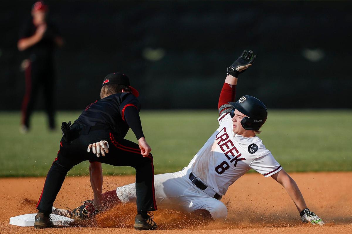 Tates Creek’s Matthew Persinger (8) tries to steal second base during Wednesday night’s game against Paul Laurence Dunbar at Tates Creek. The teams split district games on back-to-back nights this week.