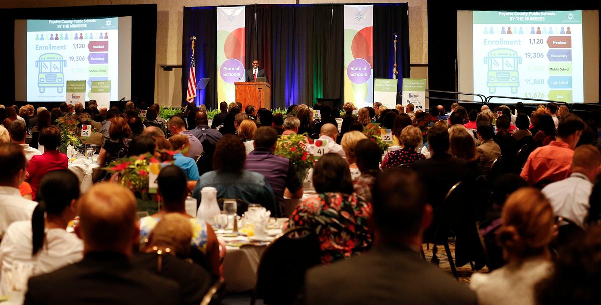 Fayette County School Superintendent Manny Caulk delivered the 2018 FCPS State of the Schools address during a Wednesday morning meeting presented by the Lexington-Bluegrass Association of Realtors held at the Lexington Convention Center.