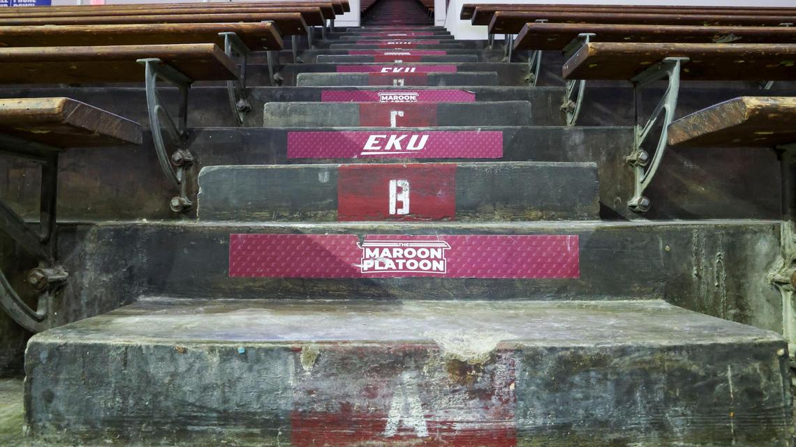 The final of three renovation phases at Eastern Kentucky University’s Baptist Health Arena at Alumni Coliseum will focus on updating the seating bowl. That phase will take place over the summer of 2025. Stairs at the venue are shown on Wednesday.