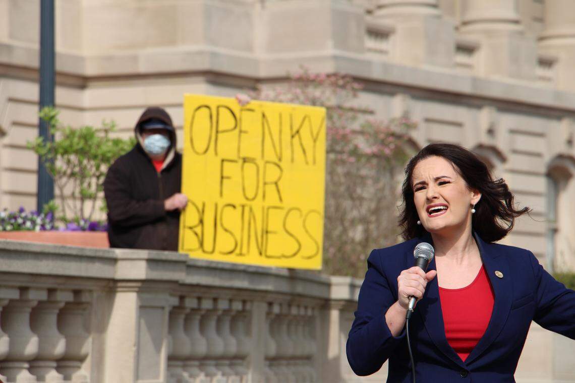 Rep. Savannah Maddox speaks at a protest against Gov. Andy Beshear’s coronavirus restrictions at the Kentucky Capitol on April 15, 2020 in Frankfort.