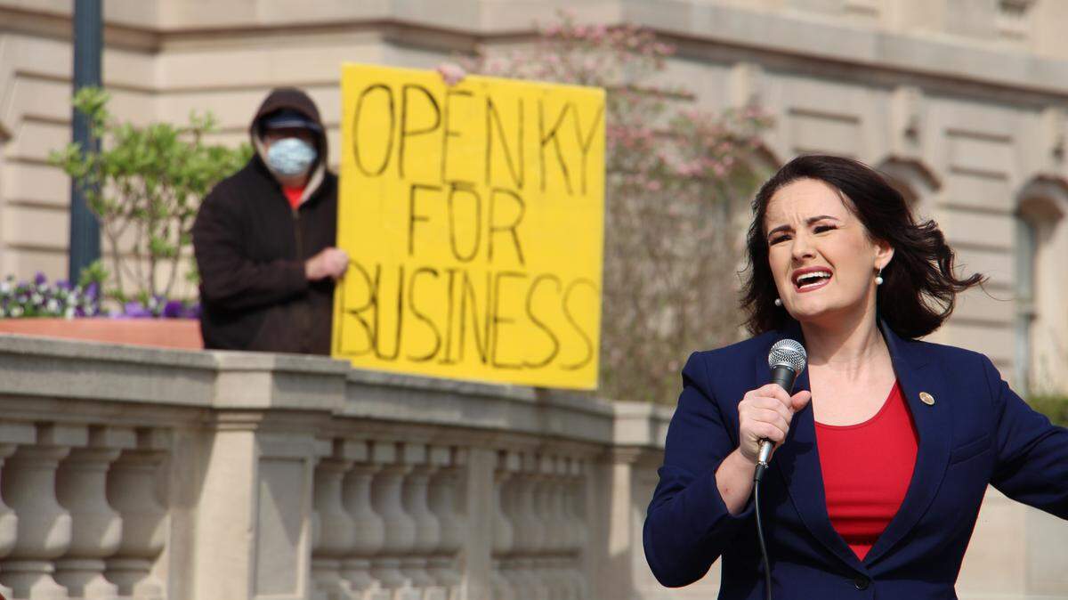 Rep. Savannah Maddox speaks at a protest against Gov. Andy Beshear’s coronavirus restrictions at the Kentucky Capitol on April 15, 2020 in Frankfort.
