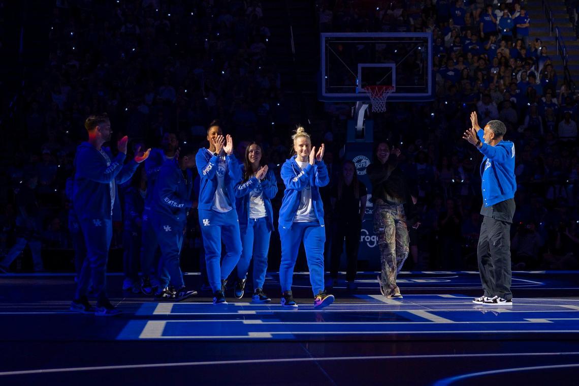 The Kentucky women’s basketball team is introduced during Big Blue Madness at Rupp Arena.