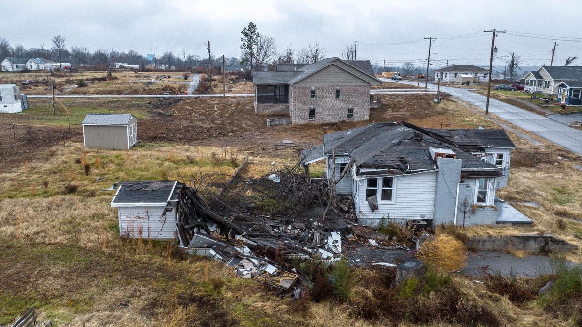 Dawson Springs, pictured above nearly one year after a tornado swept through, is one of several communities Gov. Andy Beshear announced will see government-backed apartment complexes.